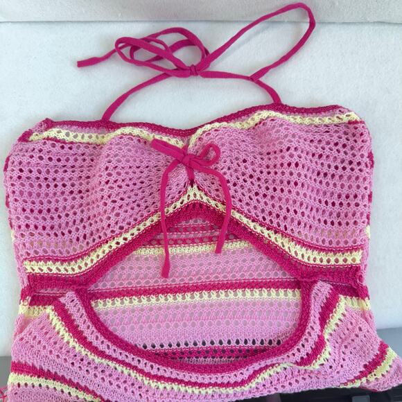 Pink Crochet Halter Mini Dress Open Back Striped Knit Festival Boho Y2K s/m - Picture 6 of 7